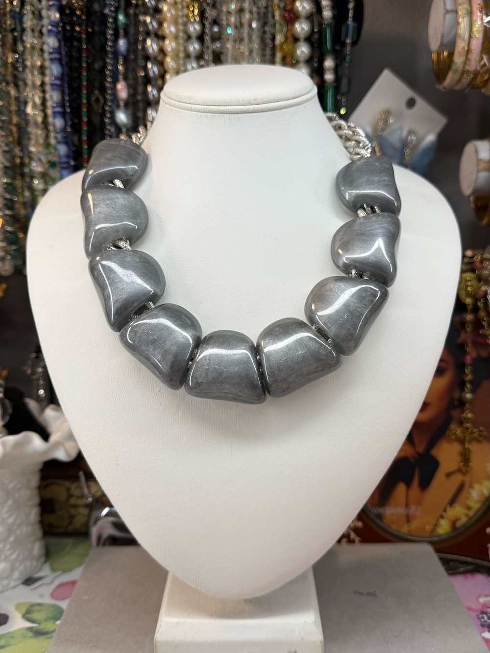 Oversized Statement Silver-Tone Chunky Lucite Bead Necklace -